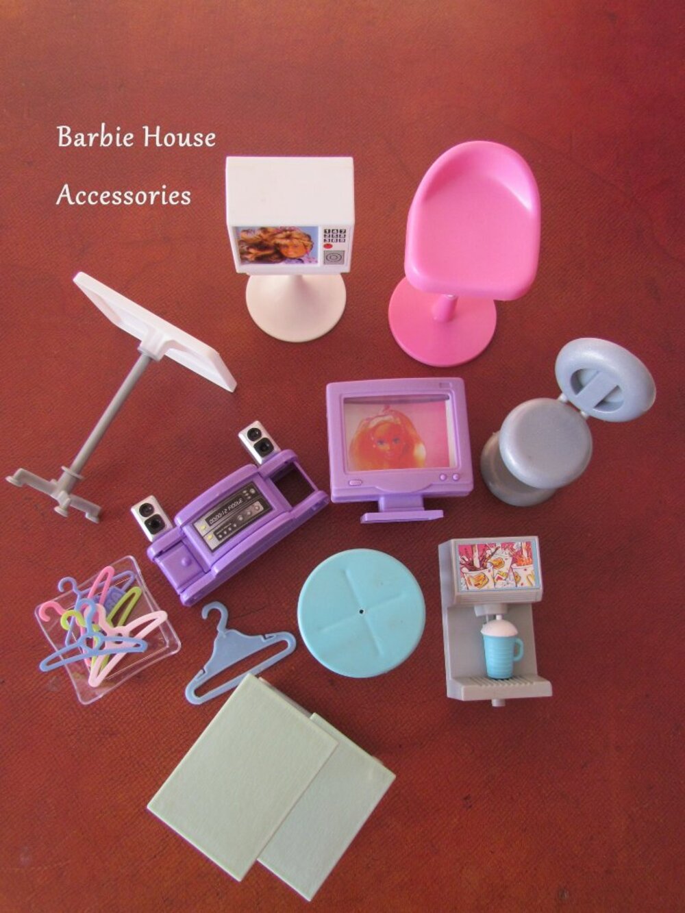 BARBIE SIZE FURNITURE, VINTAGE TABLES, CHAIRS, TV, STEREO, STEPS, HANGERS, MORE